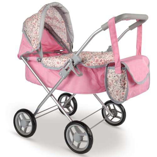 Malplay Puppenwagen klappbar Tiefer verstellbares Visier mit Tasche Rosa Blumen Motiv ab 3 Jahren Geschenke von MalPlay