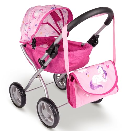 Malplay Puppenwagen mit Tasche verstellbares Verdeck große Räder Rosa Einhorn Motiv ab 3 Jahren Geschenk von MalPlay