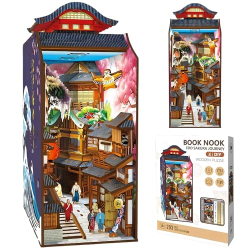 Malau - Book Nook Edo Sakura Journey – außergewöhnliches Design aus Japan mit Licht, Miniatur-Haus-Set, DIY, Diorama, 3D-Puzzle, für Bibliothek, Büro, zum Platzieren zwischen Büchern von Malau