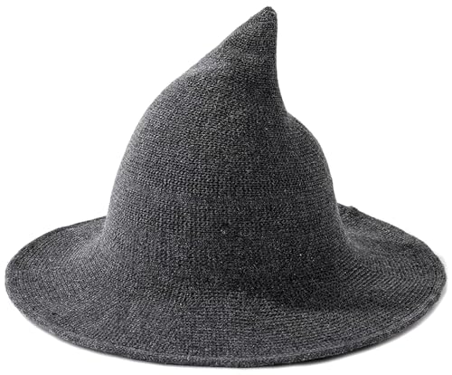 Malaxlx Dunkelgrauer Hexenhut für Damen – gestrickte Wolle, spitz, Halloween, Cosplay, Kostüm, Hut für Herbstpartys von Malaxlx