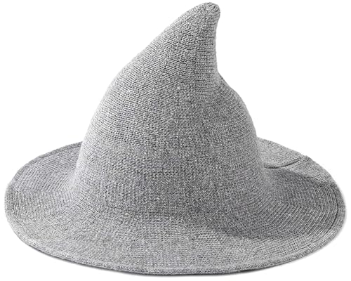 Malaxlx Hellgrau Strick Hexenhut Damen – Wollmischung Spitzer Halloween Cosplay Hut für Herbst Kostümparty von Malaxlx