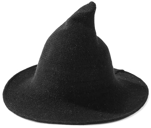 Malaxlx Schwarz Strick Hexenhut Damen – Wollmischung Spitzer Halloween Cosplay Hut für Herbst Kostümparty von Malaxlx
