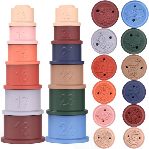 Maliton Kinder & Baby Stapelbecher, mit 2 Stapeltürme aus je 6 Stapelbecher, Silikon Baby Stapelspielzeug, Zahn Spielzeug und Badespielzeug für Babys ab 6 Monate,BPA Frei(Morandi Color) von Maliton
