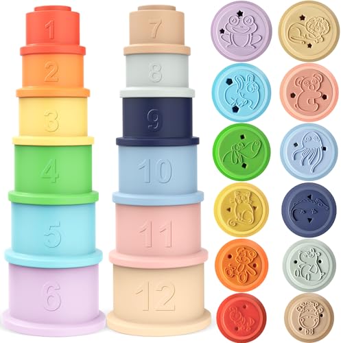 Maliton Stapelbecher Baby, 2 Satz Stapelturm aus je 6 Stapelbecher, weich Silikon Baby Spielzeug, Motorikspielzeug für Babys ab 6 Monate, BPA FREI(Macaron Color) von Maliton