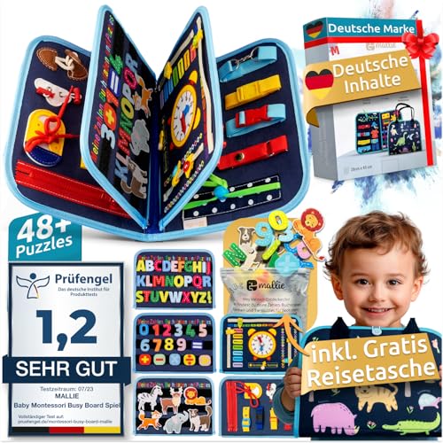Mallie® Busy Board Deutsch inkl. Gratis Reisetasche & Montessori Buch und Perfekt für Reisen im Auto, Zug oder Flugzeug I100% BPA-Frei als Quiet Book & Busy Book I Activity Board Busy Book von Mallie