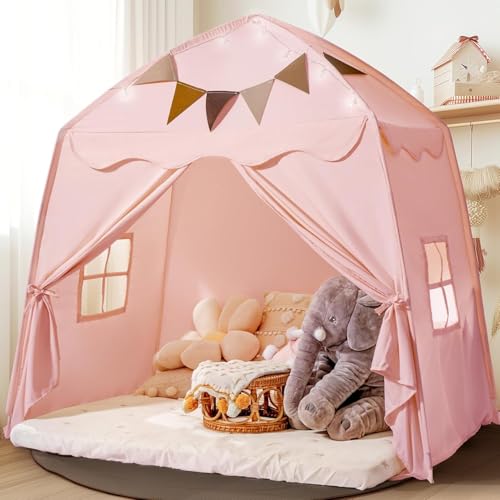 Mallify Kinderzelt Indoor, Kinder Spielhaus mit Matte und Lichtern, 150 x 100 x 150 cm (Rosa) von Mallify