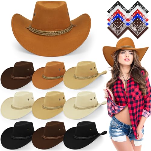 10 Sets Cowboyhut und Bandana für Damen und Herren, 10 Cowgirl Cowboy-Hüte, 10 Western-Bandanas, Kostüm-Zubehör für Erwachsene für Mottoparty (dunkelbraun) von Malloom