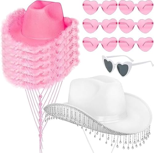 14-teiliges Cowgirl-Braut-Party-Set – Cowboy-Hut mit Federn für EVJF, herzförmige Brille, Fransenhut für Bräute von Malloom