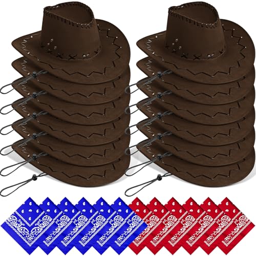 24 Cowboyhüte mit Bandanas – Western-Kostüm-Set für Party (Braun) von Malloom