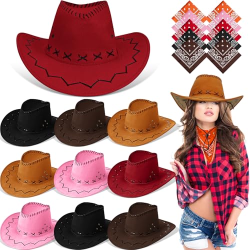 MALLOOM 10 Sets Cowboyhut und Bandana für Damen und Herren, 10 Cowgirl-Hüte, 10 Western-Bandanas, Kostüm-Zubehör für Erwachsene für Mottoparty (schwarz) von Malloom