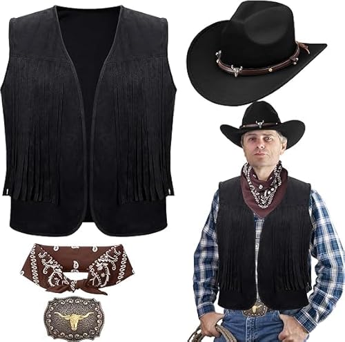 MALLOOM 4-teiliges Cowboy-Kostüm-Set für Herren und Erwachsene, Weste, Hut, Gürtel mit Schnalle, Bandana Paisley, für Halloween und Cosplay von Malloom