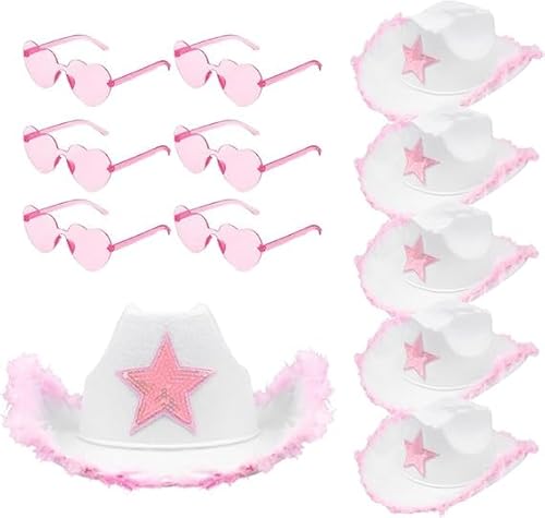 MALLOOM 6 Stück weiße Cowgirl-Hüte für Frauen, Filzhüte mit herzförmiger Brille, breite Krempe für Westernparty, Preppy-Party, Rodeo, Verkleidung oder Geburtstag von Malloom