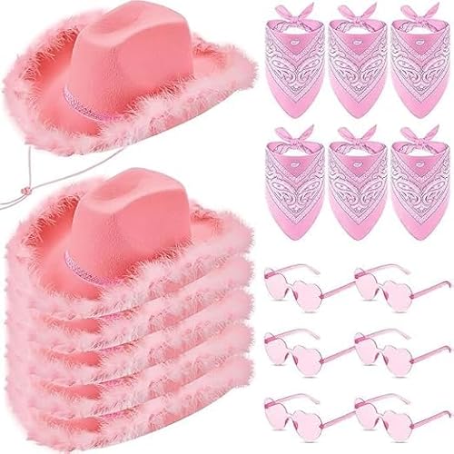 MALLOOM 6 x Cowgirl-Hüte mit 6 Bandanas und 6 herzförmigen Brillen – Western-Kostüm-Zubehör für Frauen – Bachelorette Party von Malloom