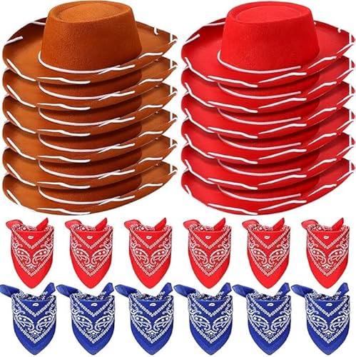 MALLOOM Cowboy-Hüte und Bandanas für Kinder – Western-Kostüm-Zubehör für Geburtstagsparty, Western-Mottoparty, Cosplay, Halloween, 24 Stück (dunkelbraun, rot) von Malloom