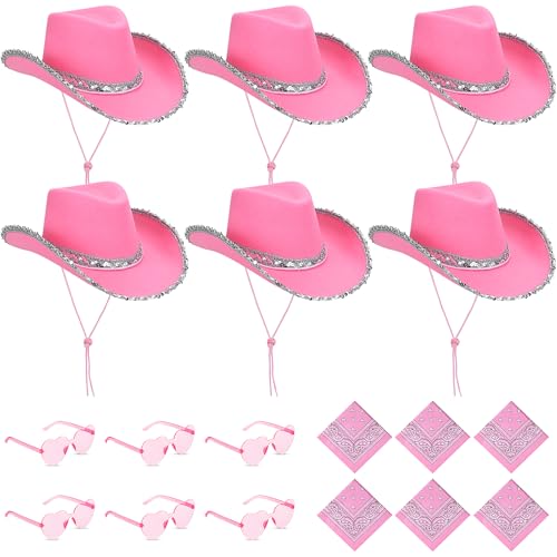 MALLOOM Cowgirl-Hut mit herzförmiger Brille und Bandana, Paisley-Stil, Set für Damen und Teenager, 18-teilig (Rosa) von Malloom