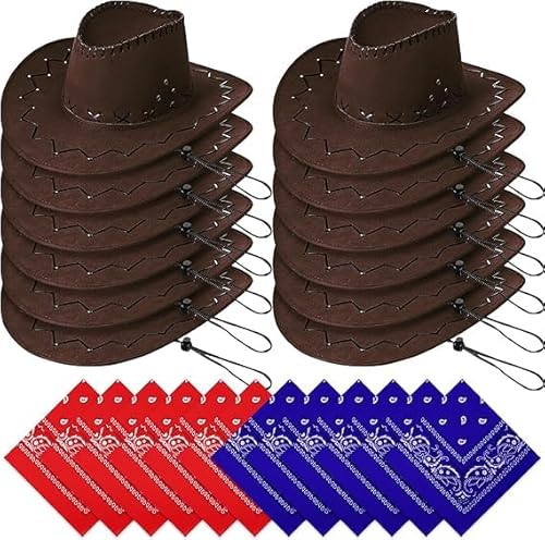 MALLOOM Western-Cowboyhut mit Bandana, 12 Stück, für Party, Cowboy-Kostüm, Halloween, Geburtstag, Braun von Malloom