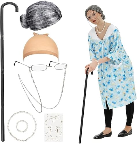 Malloom Kostüm für alte Dame, Kurzarm, Gewand, Großmutter, Perückenkappen, Oma, Brille, Perlenkette, verstellbare Krücke, Blau Malloom Kostüm für alte Dame, Kurzarm, Gewand, Großmutter, Perückenkappen, Oma, Brille, Perlenkette, verstellbare Krücke, Blau von Malloom
