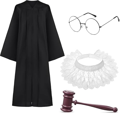 Richter-Kostüm-Set, schwarzer Robe, Spitze, falscher Kragen, Kunststoff, runde Brille, Zubehör für Erwachsene, Cosplay, Halloween, Party, 4-teilig Richter-Kostüm-Set, schwarzer Robe, Spitze, falscher Kragen, Kunststoff, runde Brille, Zubehör für Erwachsene, Cosplay, Halloween, Party, 4-teilig von Malloom