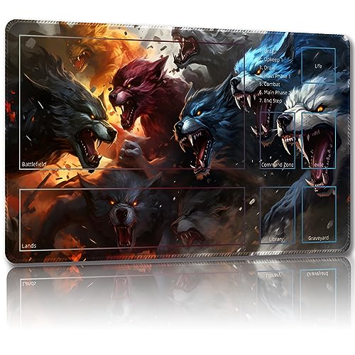 Malqiqi Spielmatte für MTG, mit kostenlosen Aufbewahrungstaschen, Spielmatte 61 x 35,6 cm, TCG und Brettspielmatte für Karten, Mauspad, Schreibtischmatten (Magischer Wolf-Hilfskampf) von Malqiqi