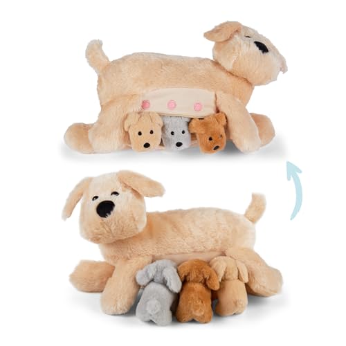 Mamanimals Hunde Kuscheltier mit 3 Baby Welpen, Babys im Bauch mit Reißverschluss verstaubar, magnetische Zitzen zum Säugen, hochwertiges Plüschtier Set für Kinder von Mamanimals