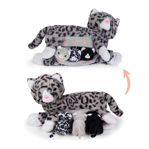 Mamanimals Katze Kuscheltier mit 3 Baby Katzen, Babys im Bauch mit Reißverschluss verstaubar, magnetische Zitzen zum Säugen, hochwertiges Plüschtier Set für Kinder von Mamanimals