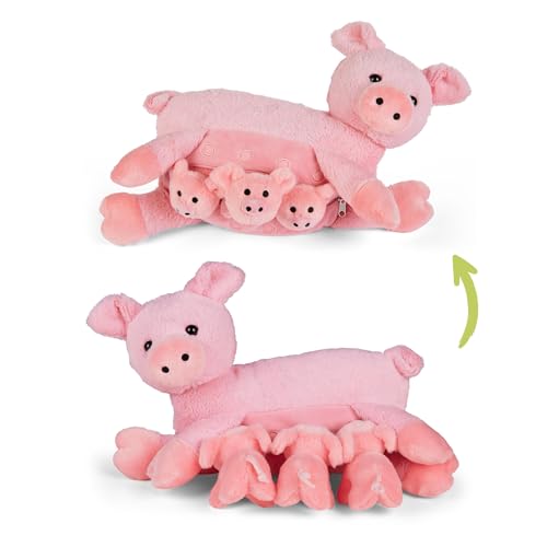 Mamanimals Schwein Kuscheltier mit 3 Baby Schweinen, Babys im Bauch mit Reißverschluss verstaubar, magnetische Zitzen zum Säugen, hochwertiges Plüschtier Set für Kinder von Mamanimals