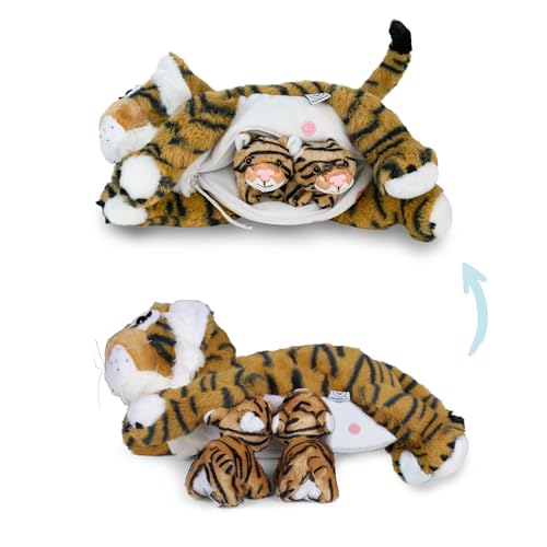 Mamanimals Tiger Kuscheltier mit 2 Baby Tiger, Babys im Bauch mit Reißverschluss verstaubar, magnetische Zitzen zum Säugen, hochwertiges Plüschtier Set für Kinder von Mamanimals