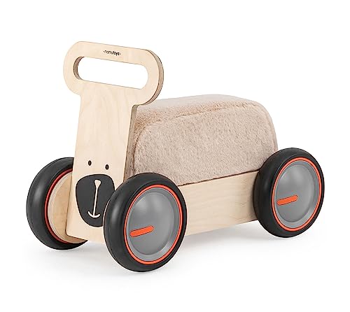 Mamatoyz 03DSBE DriveMe Soft Bear Vierrad-Aufsitz-Gehwagen aus Holz, ziehbarer 3-in-1-Spielzeughalter für Kinder mit weichem, abnehmbarem Schwammsitz von Mamatoyz