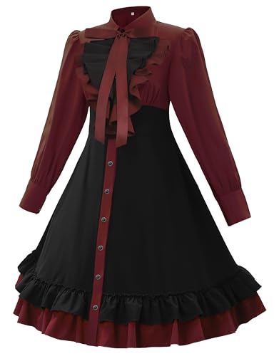 Mambabacosp Vintage Damenkleid Gothic Schwarz Lila Kontrastfarbe Langarm Rüschenkleid mit Schleife (Rot, M) von Mambabacosp