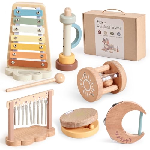 Mamimami Home Bohème Stil Musikinstrumente Kinder ab 1 2 3 Jahre,6 Teiliges Montessori Holzspielzeug,Percussion Set Kinder Mit Xylophon Kinder, Röhrenglocke,Klarinetten von Mamimami Home