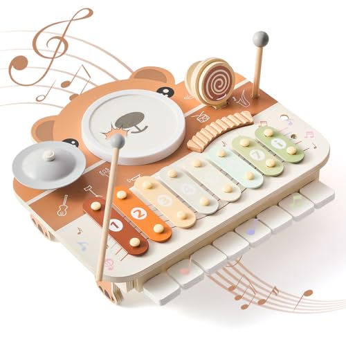 Mamimami Home Trommel Kinder & Xylophon Musikspielzeug ab 1 Jahr – 6-in-1 Holzklavier mit Schlagstäben, Rasselbretter und 30 Liederheften – Geschenk für Jungen & Mädchen von Mamimami Home