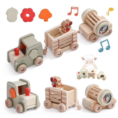 Mamimami Home Kombinierter Zug Holz Montessori-Spielzeug für Kinder Holzeisenbahn-Spielzeugset Mit Klötzen und Rasseln Geeignet für 1 Jahr alte Jungen Mädchen von Mamimami Home