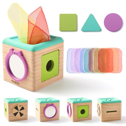 Mamimami Home Montessori Motorikspielzeug Tissue Box Holz,Formerkennung und Drehscheibe, Montessori Spielzeug Baby, 6-12 Monate Sensorik Baby Spielzeug mit Spiegel mit Name von Mamimami Home