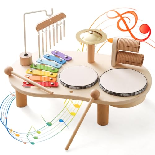 Mamimami Home Musikinstrumente für Kinder ab 3 Jahr Holz Kinder Xylophon Windspiel Trommelset Baby Montessori Vorschule Musical Spielzeug Percussion Instrument Tisch Jungen Mädchen Geburtstag Geschenk von Mamimami Home