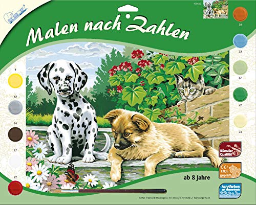 MAMMUT 109035 - Malen nach Zahlen Tiermotiv, Tierkinder im Garten, Komplettset mit bedruckter Malvorlage im A3 Format, 10 Acrylfarben und Pinsel, großes Malset für Kinder ab 8 Jahre von Mammut Spiel & Geschenk