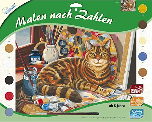 MAMMUT 109105 - Malen nach Zahlen Tiermotiv, Katze, Komplettset mit bedruckter Malvorlage im A3 Format, 10 Acrylfarben und Pinsel, großes Malset für Kinder ab 8 Jahre von Mammut Spiel & Geschenk