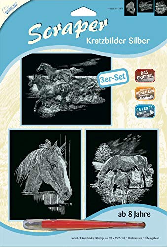 MAMMUT 140006 - Kratzbilder, Motive Pferde, silber, glänzend, Komplettset mit 3 Kratzbildern&Kratzmesser&Übungsblatt, Scraper, Scratch, Kritzel, Kratzset für Kinder ab 8 Jahre von Mammut Spiel & Geschenk