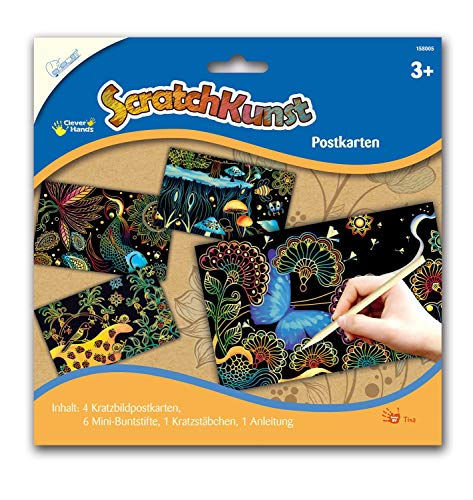 MAMMUT 158005 - Kratzbilder ScratchKunst, Motive Postkarten, Komplettset mit 4 Kratzbildpostkarten, Buntstifte, Kratzstäbchen und Anleitung, Scraper, Kratzset für Kinder ab 3 Jahre von Mammut Spiel & Geschenk