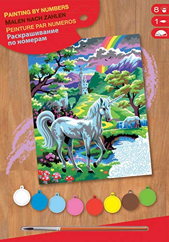 MAMMUT 8220124 - Malen nach Zahlen Junior, Einhorn, Komplettset mit bedruckter Malvorlage im A4 Format, 8 Acrylfarben, Pinsel und Anleitung, Malset für Kinder ab 8 Jahre von Mammut Spiel & Geschenk