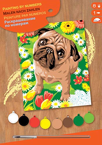 MAMMUT 8221521 - Malen nach Zahlen Junior, Mops, Hund, Komplettset mit bedruckter Malvorlage im A4 Format, 8 Acrylfarben, Pinsel und Anleitung, Malset für Kinder ab 8 Jahre von Mammut Spiel & Geschenk