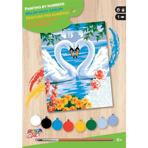 MAMMUT 8222006 - Malen nach Zahlen Junior Motiv Schwäne, Komplettset mit bedruckter Malvorlage im A4 Format, Einsteiger Set mit 8 Acrylfarben, Pinsel und Anleitung, Malset für Kinder ab 8 Jahre von Sequin Art