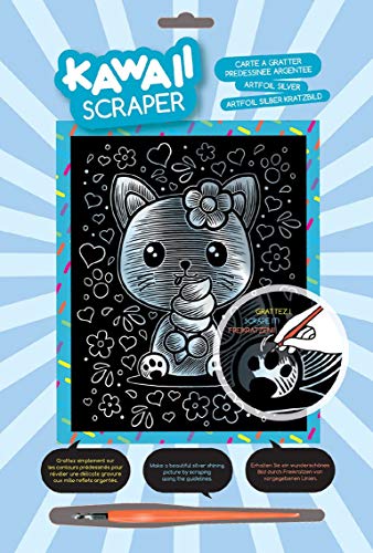 MAMMUT 8251616 - Artfoil, Kratzbild, Tiermotiv, KAWAII, Katze, silber, Komplettset mit Kratzbild, Kratzmesser und Anleitung, Scraper, Scratch, glänzend, Kratzset für Kinder ab 8 Jahre von Mammut Spiel & Geschenk