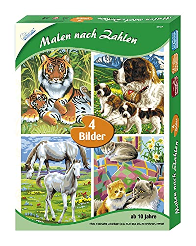 Mammut 8211691 - Malen nach Zahlen Tierfamilien 4er Set, Komplettset mit 4 bedruckten Malvorlagen im A4 Format, 23 Acrylfarben, 2 Pinsel und Anleitung, Malset für Kinder ab 10 Jahre von Mammut Spiel & Geschenk