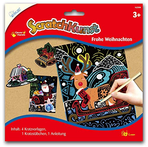 Mammut Spiel & Geschenk 162006 Kratzbilder ScratchKunst Motiv Frohe Weihnachten, Komplettset mit 4 Kratzvorlagen, Kratzstäbchen und Anleitung, Scraper, Kratzset f. Kinder ab 3 J von Mammut Spiel & Geschenk