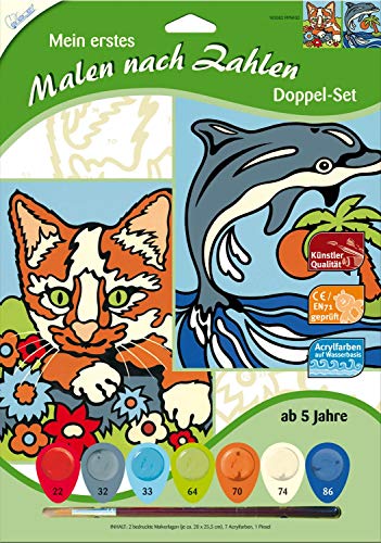 Mammut Spiel & Geschenk 102002 Mein erstes Malen nach Zahlen, Tiermotive, Katze & Delfin, Doppelpack, Komplettset mit 2 bedruckten Malvorlagen, 7 Acrylfarben und Pinsel, Malset für Kinder ab 5 Jahre von Mammut Spiel & Geschenk