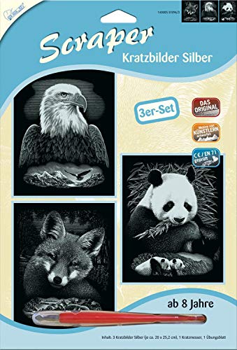 Mammut Spiel & Geschenk 140005 Kratzbilder, Motive Wildtiere, Silber, glänzend, Komplettset mit 3 Kratzbildern&Kratzmesser&Übungsblatt, Scraper, Scratch, Kritzel, Kratzset für Kinder ab 8 Jahre von Mammut Spiel & Geschenk