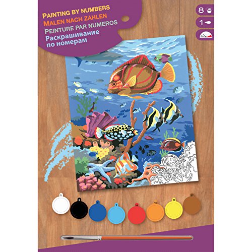 Mammut Spiel & Geschenk MAMMUT 8220032 - Malen nach Zahlen Junior, Seeleben, Komplettset mit bedruckter Malvorlage im A4 Format, 8 Acrylfarben, Pinsel und Anleitung, Malset für Kinder ab 8 Jahre von Mammut Spiel & Geschenk