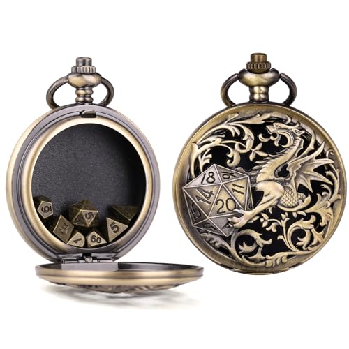 ManChDa Mini DND Würfel Set Steampunk Drache Taschenuhr Gehäuse, 7-Teilig Polyedrisches Metall D&D Würfel Set, DND Geschenke mit Geschenk Box, Rollenspiel Brettspiel Zubehör Würfel, Bronze ManChDa Mini DND Würfel Set Steampunk Drache Taschenuhr Gehäuse, 7-Teilig Polyedrisches Metall D&D Würfel Set, DND Geschenke mit Geschenk Box, Rollenspiel Brettspiel Zubehör Würfel, Bronze von ManChDa