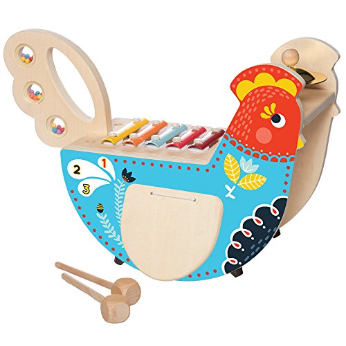 Manhattan Toy 216570 Wooden Instrument for Toddlers with, Cymbal Musical Chicken Holzinstrument für Kleinkinder mit Xylophon, Drumsticks, Becken und Maraca von Manhattan Toy