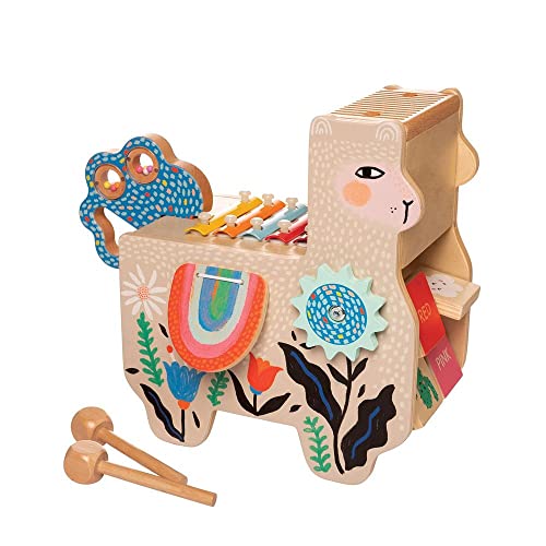 Manhattan Toy Musical Llama Holzinstrument für Kleinkinder mit Maraca, klappernden Satteltaschen, Drumsticks, Waschbrett und Xylophon von Manhattan Toy